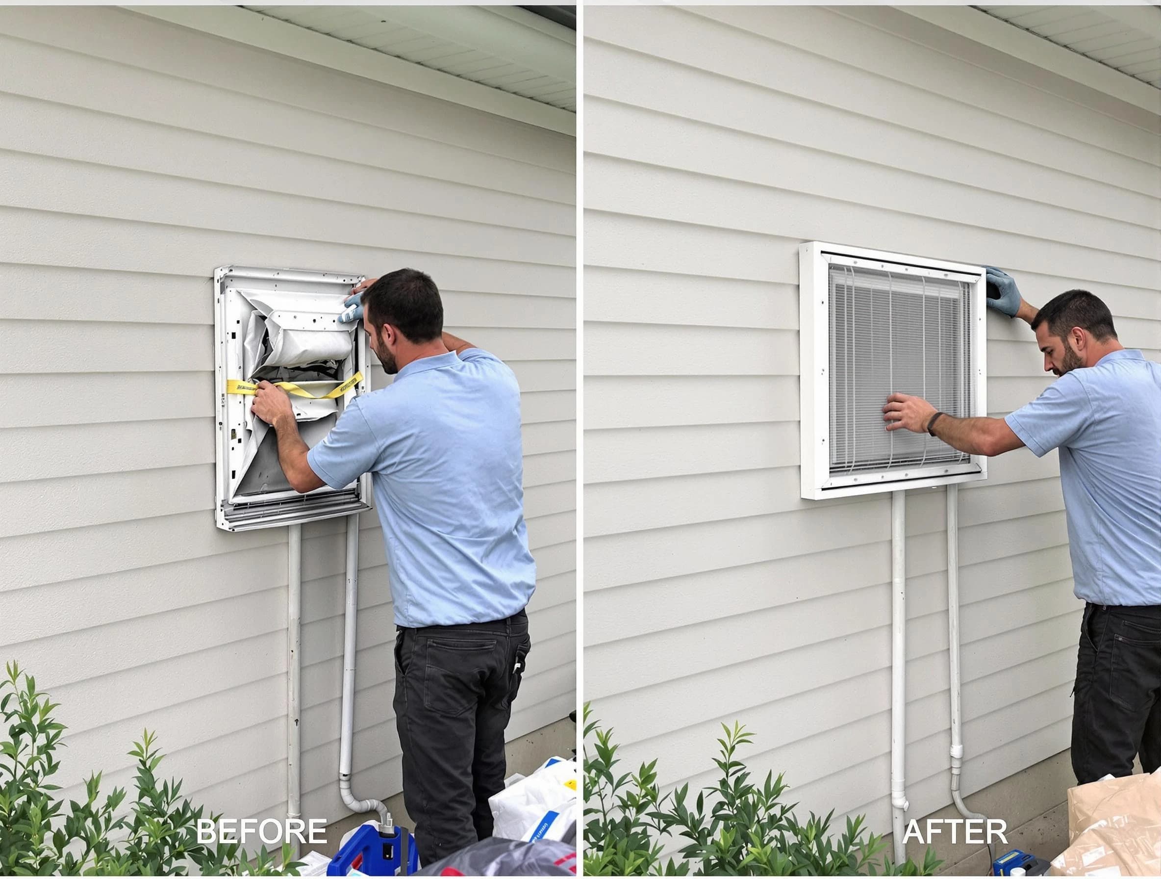 Pleasant Grove Dryer Vent Cleaning technician installing high-quality dryer vent cover at a residential property in Pleasant Grove